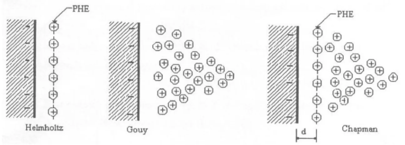Figura 5 - Modelos da dupla camada elétrica (Leja, 1982). 