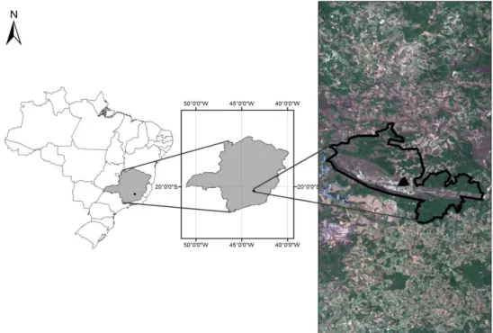 Figura 1:  Localização do Parque Estadual  Serra do Ouro  Branco em  relação  ao  Brasil e no  Estado  de  Minas  Gerais,  em  destaque  a  localização  da  área  amostral  (Imagem  cedida  pelo  IEF/PESOB)