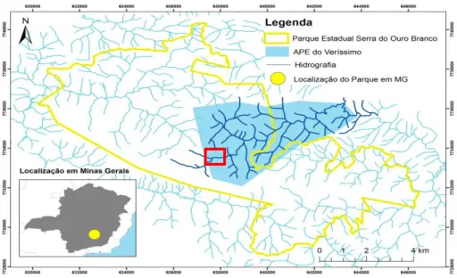 Figura 2: Localização do Parque Estadual Serra do Ouro Branco no Estado de Minas Gerais,  em  destaque  (quadrado  vermelho)  a  localização  da  micro  bacia  de  estudo  (Imagem  cedida  pelo IEF/PESOB)