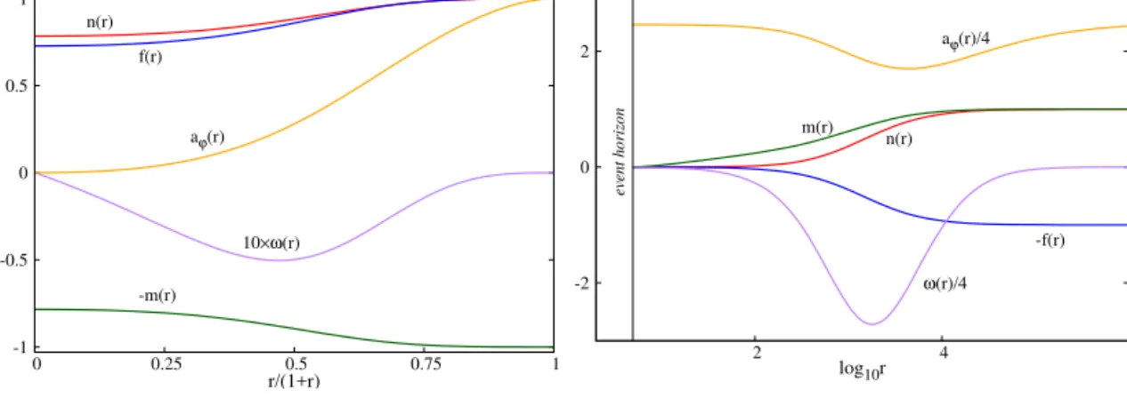 Fig. 2. The proﬁles of a typical soliton with c m = 1, L = 1 (left) and a typical black hole with r H = 2, J = 0, Q = 10, c m = 10 and L = 15 (right).