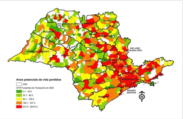 Figura  18  -  Distribuição  espacial  dos  números  absolutos  de  APVP  para  Acidentes  de  Transporte nos Municípios do Estado de São Paulo, em 2000