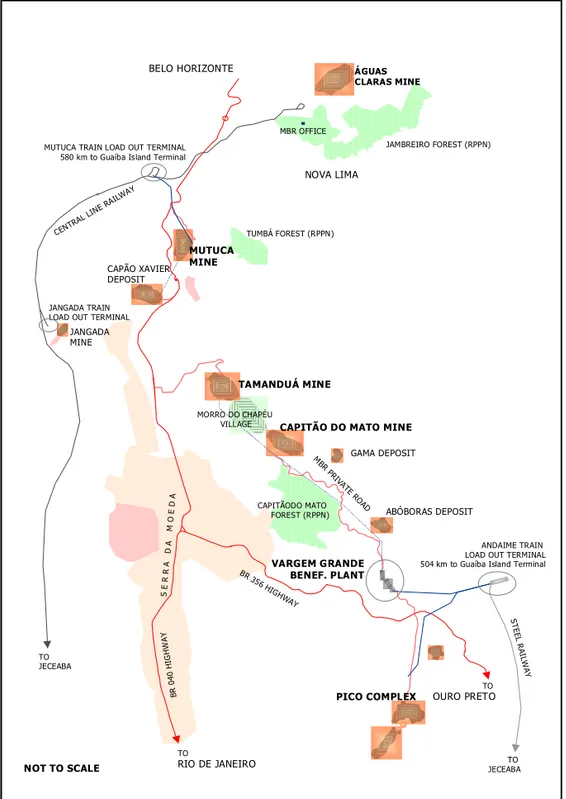 FIGURA 2     |     Mapa de situação do conjunto de minas e instalações operadas pela MBR no Quadrilátero Ferrífero (MG)
