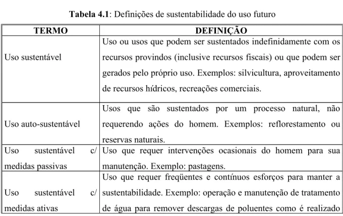 Tabela 4.1: Definições de sustentabilidade do uso futuro