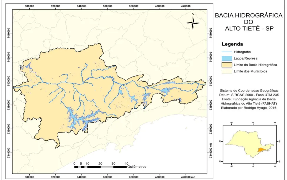 Figura 1. Delimitação da Bacia Hidrográfica do Alto Tietê e sua localização no Estado de São Paulo  Fonte:  Elaborado pelo Autor, 2016.
