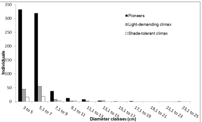 Figure  2:  Monodominance  area  ecological  group  distribution  in  diameter  classes  (PBH  ≥  10cm) 