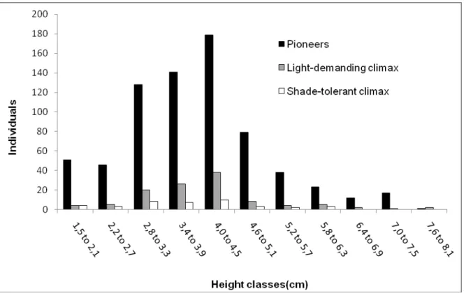 Figure  4:  Monodominance  area  ecological  group  distribution  in  height  classes  (Min:  1.5m; 