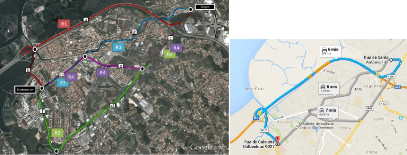 Fig. 3 Left: Aerial Map of the analyzed routes including second-by-second GPS logs for each  route (Base map from Google Earth)