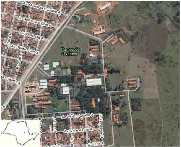 Figura 1 – Localização do campus da UNESP em Rio Claro, SP. Os pontos coloridos indicam  o local das espécies estudadas 
