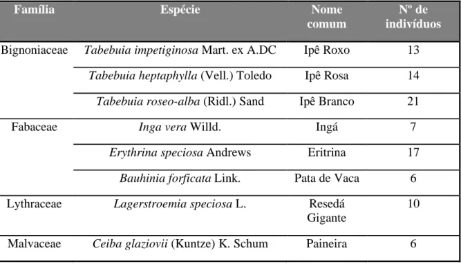 Tabela  1  –  Espécies  selecionadas  para  o  estudo  de  fenologia  no  campus  da  UNESP  –  Rio  Claro 
