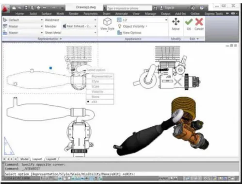 Figura 2 - Desenho de projeto em 2 e 3 dimensões realizado no software AutoCAD.  