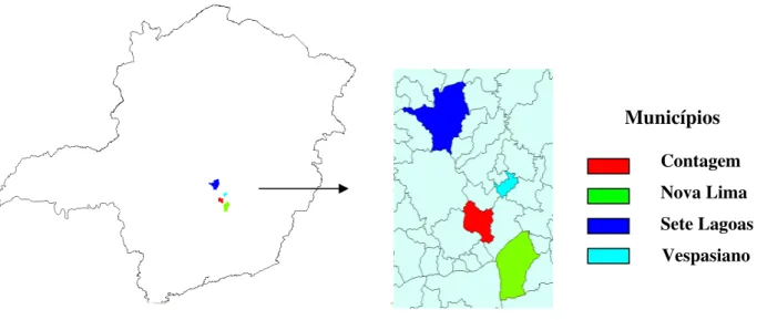 Figura  4.3  –  Localização  dos  municípios  selecionados  na  região  metropolitana  de  Belo  Horizonte