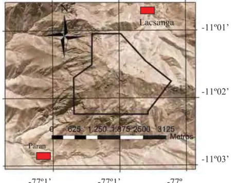 Figura 3. 1: Foto aérea mostrando localização da área do projeto e cidades próximas.    Paran  Lacsanga  -11º01’ -11º02’ -11º03’ -77º1’ -77º1’ -77º 
