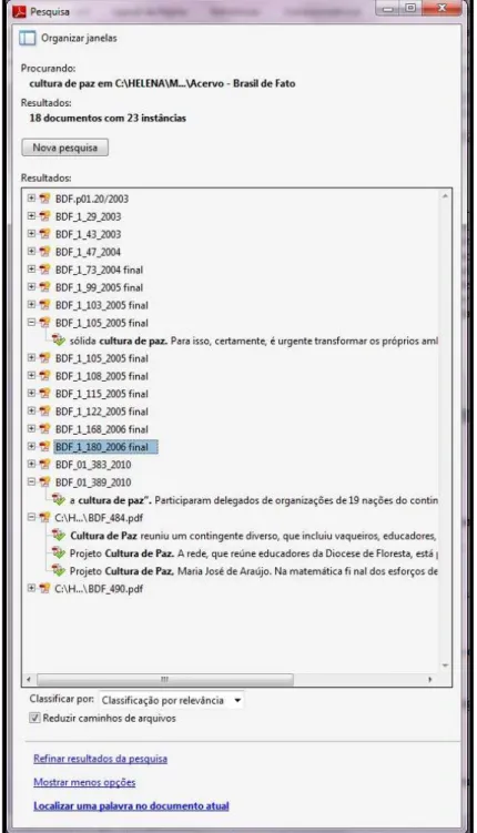 figura 1.3:7: busca avançada por “cultura de paz” no acervo do jornal por meio do software Adobe  Reader X (BF).