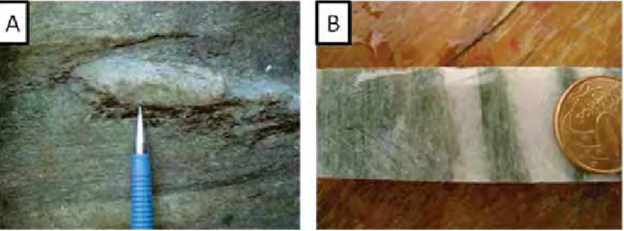 Figura 4.4: Em A) detalhe de veio de quartzo lenticular, ponto ACT-527 de calcissilicatadas (Ppcs),;  B) testemunho de sondagem mostrando a coloração característica das rochas calcissilicatadas,  porções esverdeadas composta por micas e as mais claras comp