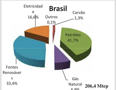 Figura 4: Combustíveis no consumo final em 2009 no Brasil. Fonte: MME apud BEN (2010, Tab.1.4.b) KƵƚƌŽƐϬ͕ϭйĂƌǀĆŽϭ͕ϯйWĞƚƌſůĞŽϰϭ͕ϳй'ĄƐEĂƚƵƌĂůϲ ϵй&amp;ŽŶƚĞƐZĞŶŽǀĄǀĞŝϯϯ͕ϰйƐůĞƚƌŝĐŝĚĂĚĞϭϲ͕ϲйƌĂƐŝů206,4 Mtep