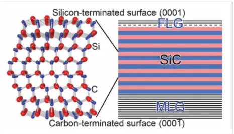 Figure 1.10 Crystal structure of 6H-SiC and corresponding few layers graphene (FLG) on silicon terminated surface and  multilayers graphene (MLG) on carbon terminated surface, blue and red shows carbon and silicon atoms respectively [38]