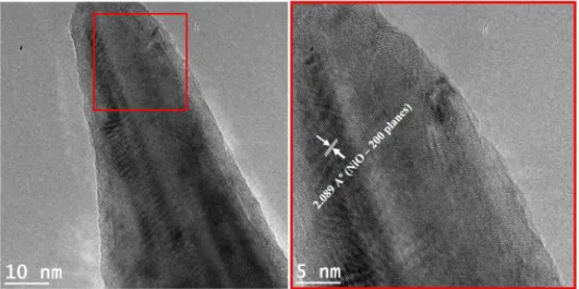 Figure 2.5 HRTEM images of single nanothorn (on the left) and its selected area with high resolution (on the right)  showing the lattice structure of NiO