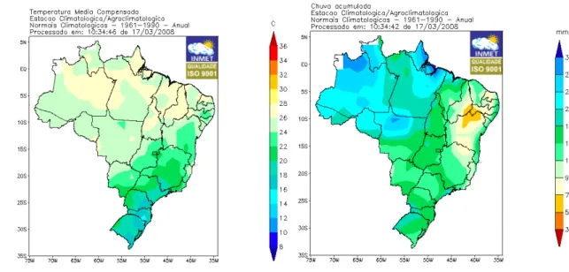 Figura 10. Temperatura Média e Chuva Acumulada Anual no Brasil.  Fonte: Instituto Nacional de Metereologia – INMET (2008)
