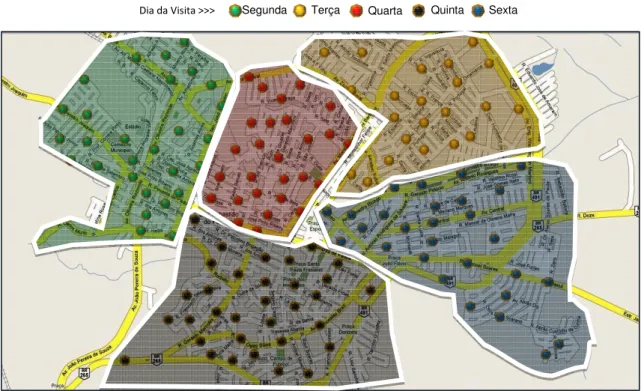 Figura 5.12. Divisão em subterritórios por dia da semana – São Sebastião do Paraíso. 