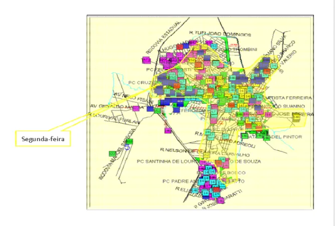 Figura 5.14. Abrangência do território atendido na segunda-feira – antes do adensamento Mococa