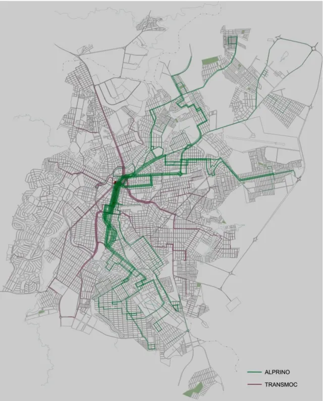 Figura 3.2 Sistema anterior às intervenções de transporte coletivo urbano na cidade de Montes Claros – cobertura  das empresas Alprino e Transmoc; 