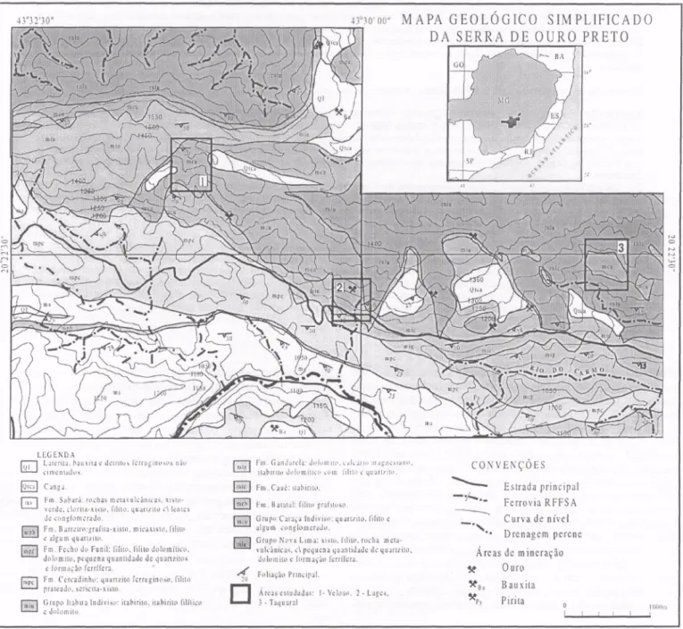 Figura 1 - Mapa simplificado da região da serra de Ouro Preto. Compilado de Barbosa (1969)