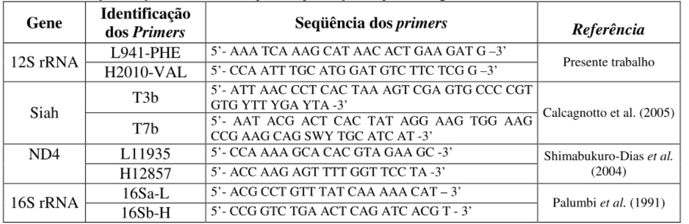 Tabela 2: Relação dos primers utilizados para amplificação de parte dos genes mitocondriais e nuclear