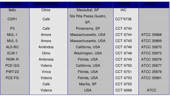 Tabela 1.  Isolados de Xylella fastidiosa adquiridos da Fundação André Tosello utilizados neste  estudo