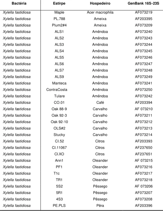 Tabela 4. Linhagens de Xylella fastidiosa  disponíveis no GenBank utilizadas para comparação  na análise filogenética da seqüência rDNA do espaço intergênico 16S-23S e seus respectivos  números de acesso  