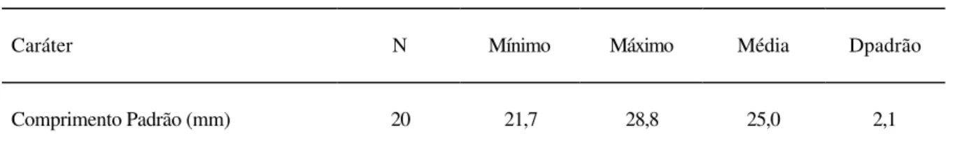 Tabela 7- Morfometria de  Hasemania negodagua: comprimento  padrão expresso em milímetros e demais medidas como porcentagens  do comprimento padrão ou comprimento da cabeça
