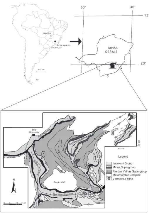 Fig. 1. Location map of the Quadrila´tero Ferrı´fero showing the Dom Bosco Syncline that includes the Vermelha˜o Mine (modified after Endo, 1997).