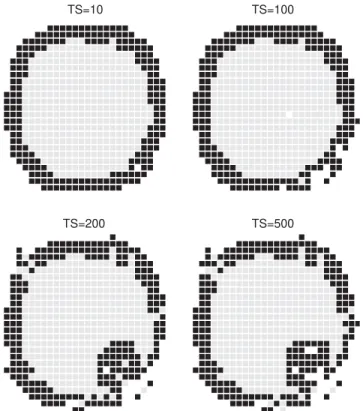 Fig. 5. Time evolution of cellular movements. The parameters are J 1 ¼ 2:0; J 2 ¼ 1:0 and T ¼ 0:2: Note that few changes occurred after 200 MCS.