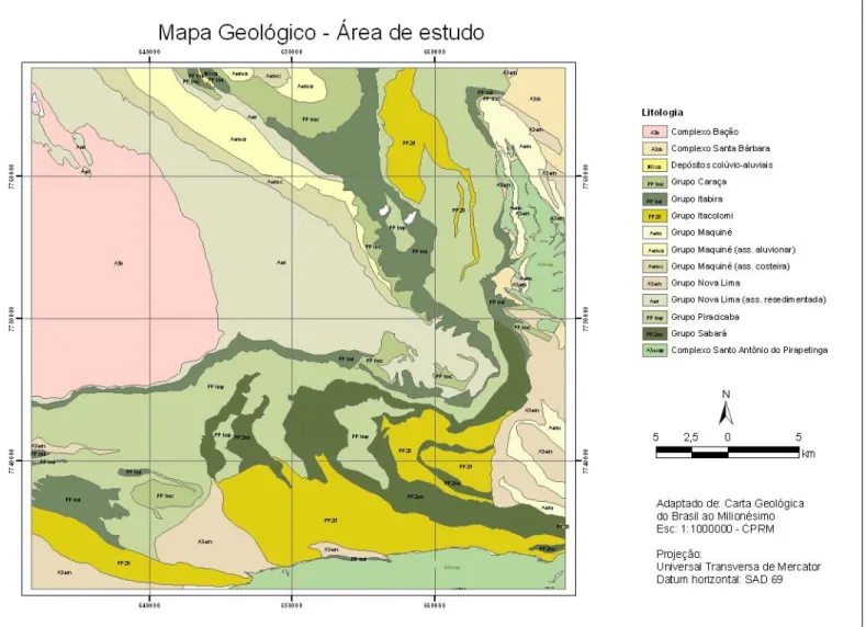 Figura 3.5 – Principais formações litológicas da área de estudo (adaptado da Carta Geológica do Brasil ao Milionésimo, CPRM 2004).