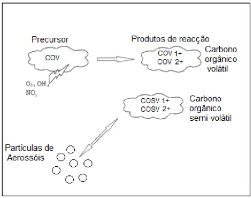Figura  2.3-  Esquema  representativo  da  formação  de  aerossóis  orgânicos  secundários  (adaptado de Dusek, 2000)