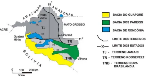 Figura 2.3 - A porção sudoeste do Cráton Amazônico dividida em terrenos geológicos (modificado de Amorim et   al