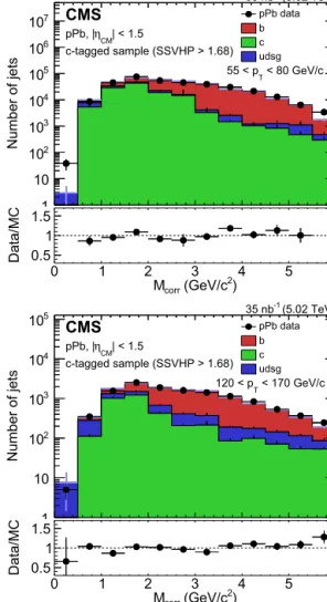 Fig. 4 shows the c tagging purity and eﬃciency of the sample after applying the SSVHP tagger selection for 5.02 TeV pPb  colli-sions, both in data and simulation