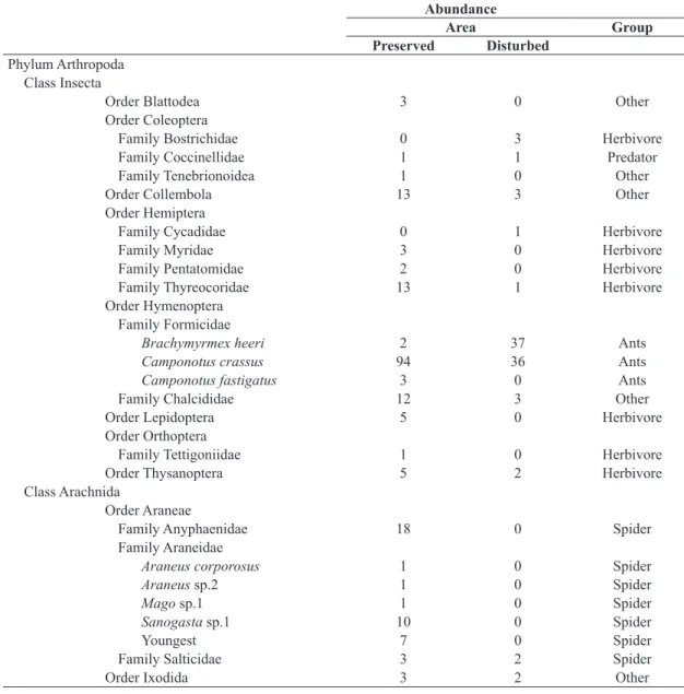 Table 2. Comparative data of abundance and richness for arthropod groups in both disturbed and preserved areas.