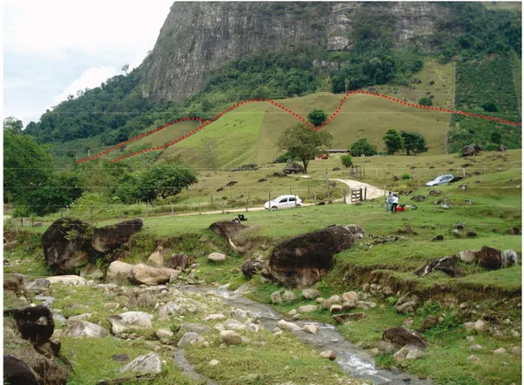 Figura 11 - Leques aluviais menores na cabeceira noroeste do leque de São Vicente. Destaque para a parte inferior da fotograﬁ a, onde  pode ser observado o retrabalhamento da zona de coalescência dos leques pela drenagem perene.