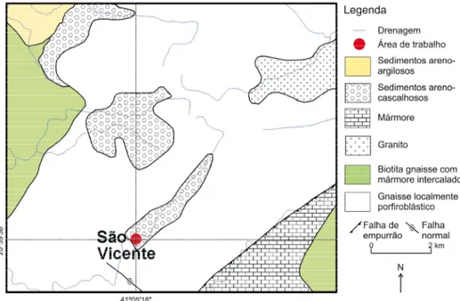 Figura 2 - Mapa geológico da área de São Vicente. Compilado a partir da folha Cachoeiro de Itapemirim em escala 1:100.000 (CPRM, 1993).