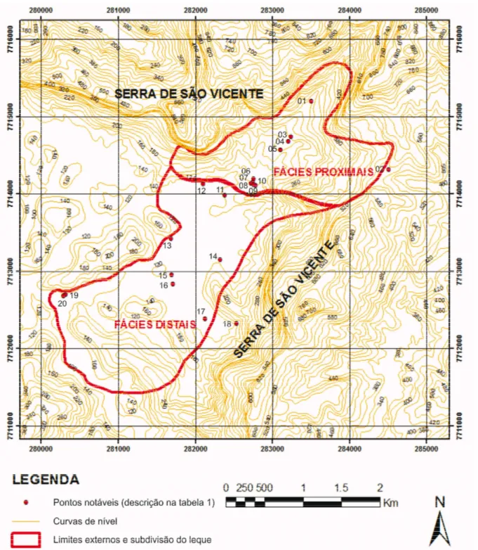 Figura 6 - Delimitação do leque de São Vicente e individualização das zonas de fácies distal e proximal