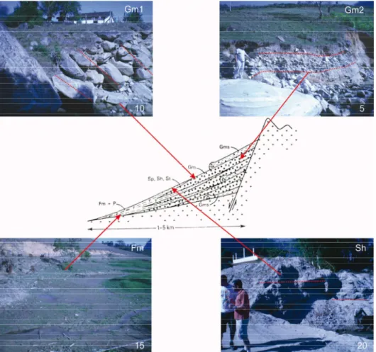 Figura 8 - Fácies sedimentares distintivas de leque aluvial (descrição na tabela 2). As posições aproximadas são indicadas no perﬁ l  longitudinal esquemático de leques aluviais proposto por Rust &amp; Koster (1984)