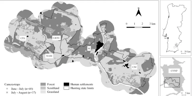 Fig 1. Study area location, hunting estates surveyed (CPA, NAM, C&amp;NC, M and CM), land-cover types and camera-trap stations in the Guadiana Valley Natural Park.