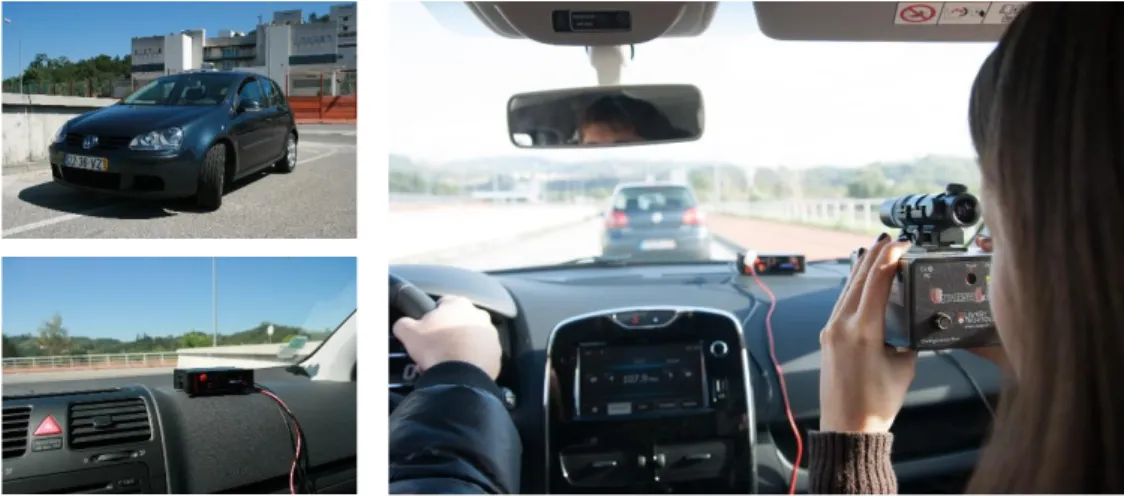 Figure 1 – Data acquisition system: top-left – leader vehicle; bottom-left – leader’s datalogger; right – handheld operation of the  LIDAR on the follower vehicle, targeting the leader’s license plate 