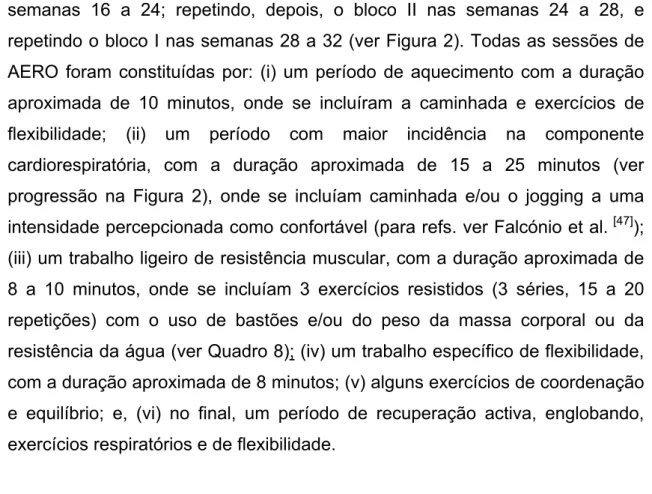 Figura 2. Pirâmide dos blocos, e da progressão da duração do período da  componente cardiorespiratória, do programa de AERO