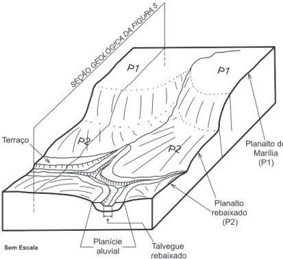 FIGURA 4.  Bloco-diagrama delineando as principais feições geomorfológicas da área de estudo.