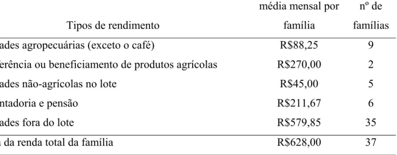 Tabela 6: Tipos de rendimento familiar na Vila Rural João Inocente -Cambé, referente  ao mês de março-2003 (exceto o café) 