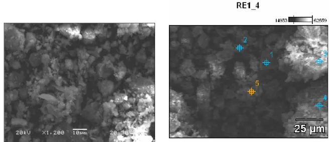 Figura 3.16 - Fotomicrografias da amostra RE1 com ampliação de 1200x e demarcação  de pontos para análise química da amostra