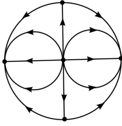 Figura 1.7: Retrato de fase do sistema (1.6) no disco de Poincar´e. Temos que apenas a origem ´e ponto singular do sistema (1.7) e ela ´e um foco inst´avel