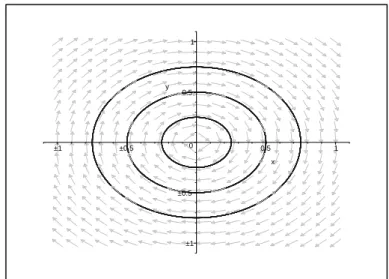 Figura 1.10: Retrato de fase do sistema (1.8): A origem ´e um centro. Nas cartas U 3 e V 3 , o ´ unico ponto singular do distema (1.8) ´e a origem e seu comportamento ´e do tipo centro, como no plano.