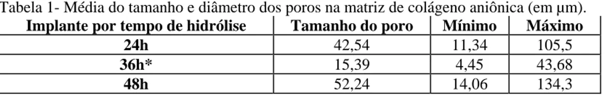 Tabela 1- Média do tamanho e diâmetro dos poros na matriz de colágeno aniônica (em µm)